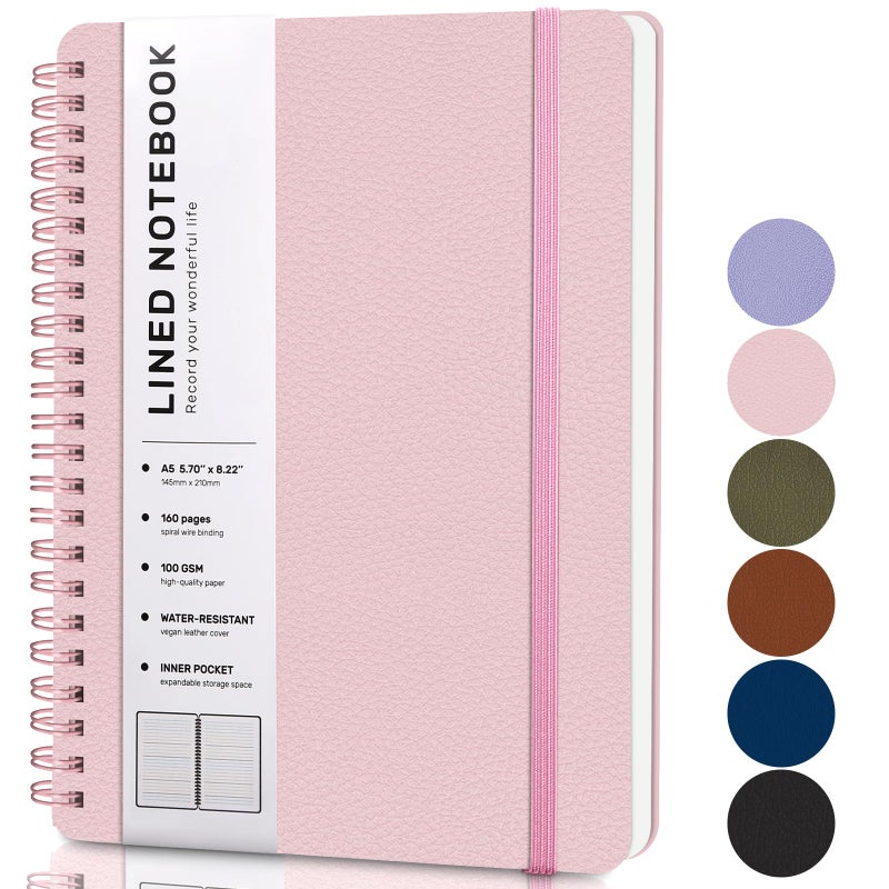 LACCHOUFEE Lined Spiral Journal Notebook  A5 Hardcover Leather Notebook for Work  5.7''?8.2''  100GSM Thick Paper Spiral Bound Journaling Notebooks for Women & Men Office School Note Taking Business  Pink - Image 1